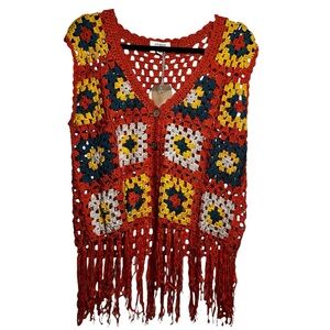 UMGEE‎ Orange Crocheted Squares Sleeveless Cardigan Large Grannycore Boho Fringe